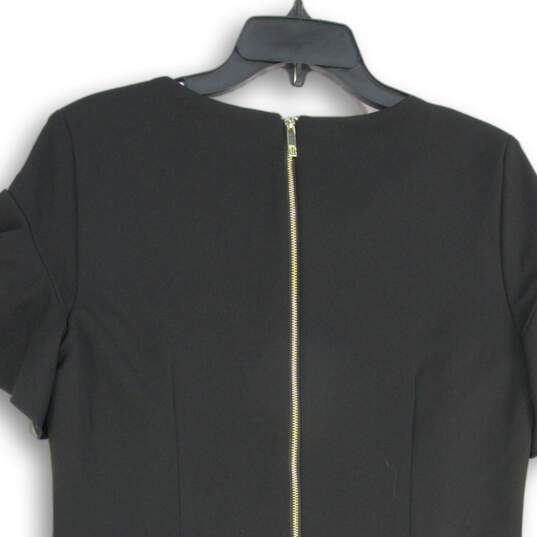 Womens Black Round Neck Ruffle Sleeve Back Zip Short Sheath Dress Size 12 image number 4