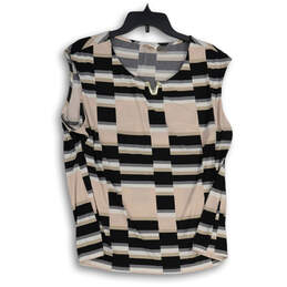 Womens Pink Black Striped Split Neck Cap Sleeve Pullover Blouse Top Size 1X