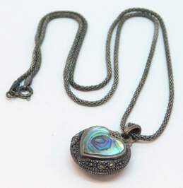 Romantic 925 Abalone & Marcasite Heart Locket Necklace Onyx Inlay Heart & Circle Brooches & X Rope Band Ring 26.8g alternative image