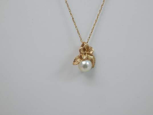 14K Gold Pearl & Flower Pendant Necklace 1.5g image number 3