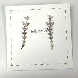 Designer Stella & Dot Silver-Tone Rhinestone Feather Drop Earrings w/ Box