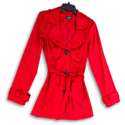 Womens Red Long Sleeve Ruffle Notch Lapel Belted Button Front Jacket Size M