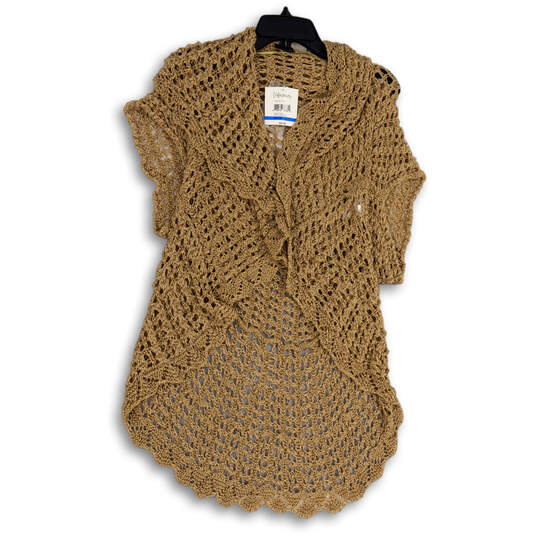 NWT Womens Brown Crochet Short Sleeve Open Front Cardigan Sweater Size XL image number 1