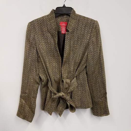 Womens Gold Tweed Long Sleeve Collared Front Belted Blazer Jacket Size 8 image number 1
