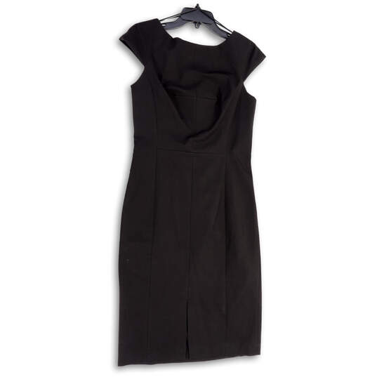 Womens Black Front Slit Cap Sleeve Back Zip Knee Length Sheath Dress Size 8 image number 1