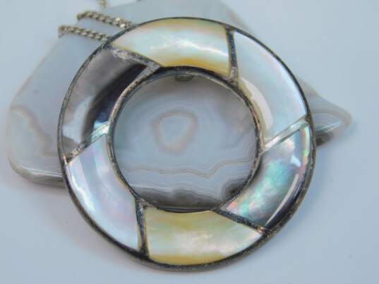 Artisan 925 Multi Color Mother of Pearl Shell Open Circle & Zig Zag Rectangle Pendant Necklaces Drop Earrings & Teardrop Bypass Band Ring 21.8g image number 3