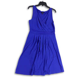 Womens Blue Wrap V-Neck Sleeveless Pleated Knee Length A-Line Dress Sz 6-8