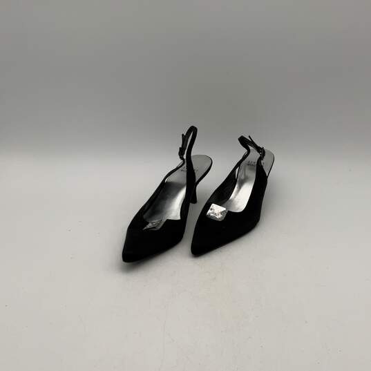 Womens Black Suede Pointed Toe Rhinestone Buckle Kitten Slingback Heels Size 7 M image number 2