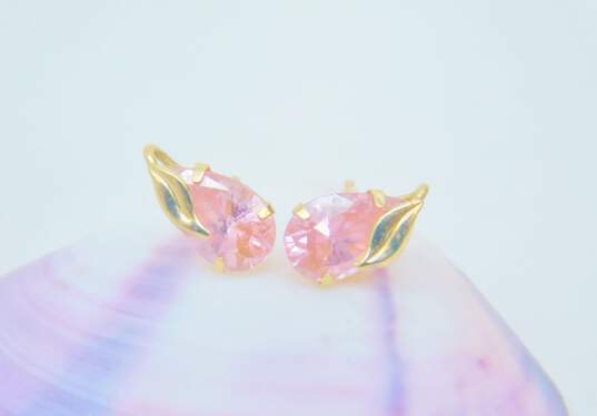 14K Gold Pink Cubic Zirconia Faceted Teardrop Leaf Accent Post Earrings 0.9g image number 1