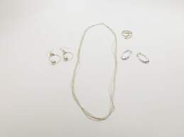 Artisan 925 Liquid Silver 5 Strand Necklace Modernist Hoop Bead Drop Earrings & Cut Out Ring 13.9g