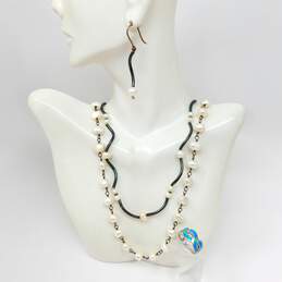 Romantic 925 Pearls Station & Wavy Bar Necklaces Drop Earrings & Opal Ring