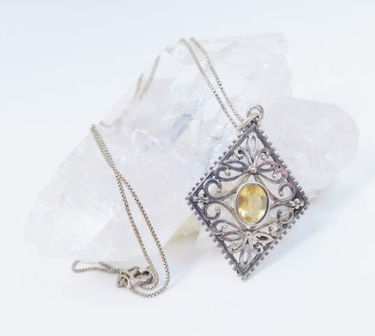 Artisan 925 Faceted Citrine Oval Floral Scrolled Granulated Pendant Necklace & Wavy Cut Outs Saddle Ring 12.4g image number 3