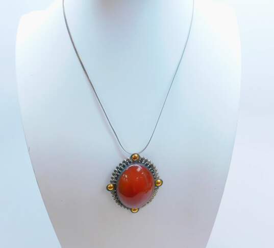 Artisan 925 Sterling Silver Carnelian Cabochon Brooch Pendant Necklace 26.6g image number 1