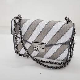 Michael Kors Rose Medium Gray White Striped Leather Flap Shoulder Bag