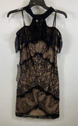 NWT Bebe Womens Black Beige Lace Sleeveless Halter Neck Mini Dress Size 2