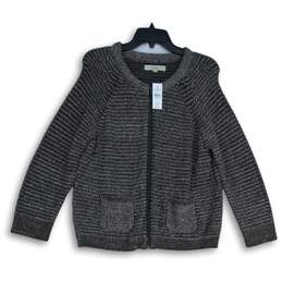 NWT Loft Womens Gray Black Knitted Long Sleeve Full-Zip Sweater Size L