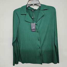 Green Long Sleeve Pleated Button Up Blouse