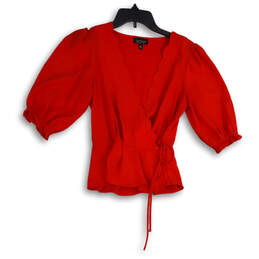 Womens Red Scalloped Wrap Neck Tie Waist 3/4 Sleeve Peplum Blouse Top Sz 2