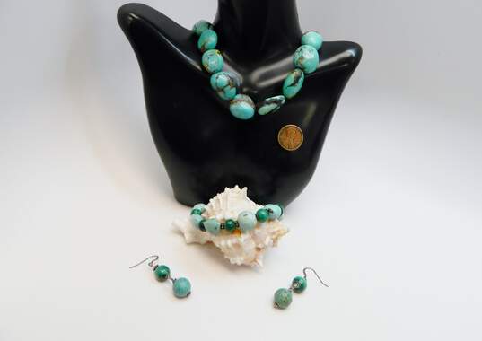 Artisan 925 Southwestern Turquoise Graduated Beaded Necklace Malachite & Howlite Drop Earrings & Matching Bracelet 118.5g image number 5