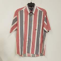 Mens Multicolor Cotton Striped Short Sleeve Collared Button Up Shirt Size M
