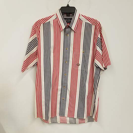 Mens Multicolor Cotton Striped Short Sleeve Collared Button Up Shirt Size M image number 1