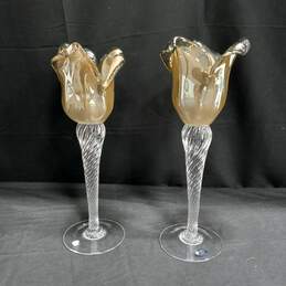 Pair of Murano White Crystal Art Glass Candle Holders