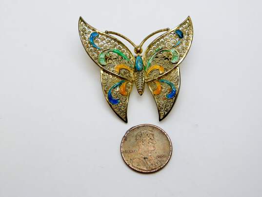 Vintage Sterling Silver Vermeil Enamel Filigree Butterfly Brooch 7.0g image number 4