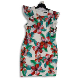 NWT Womens Multicolor Floral Ruffle Sleeve Round Neck Sheath Dress Size 16