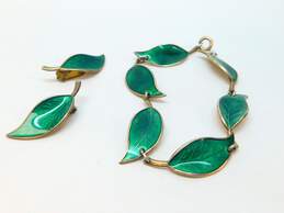 Vintage David Andersen Norway 925 Green Enamel Leaf Bracelet & Clip Earrings Set 16.8g alternative image