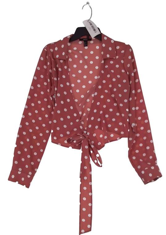 Womens Pink Polka Dot Collared Long Sleeve Knot Blouse Size Large image number 1