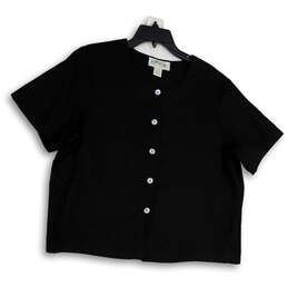 Womens Black Round Neck Short Sleeve Button Front Blouse Top Size L 14/16