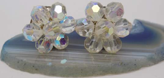 Vintage Silvertone & Goldtone Aurora Borealis Crystals Beaded Necklace & Flower Cluster & Beaded Tassels Drop Clip On Earrings 85.1g image number 6