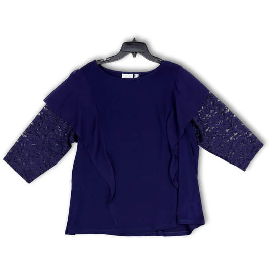Womens Blue Round Neck Lace Long Sleeve Pullover Blouse Top Size 2X image number 1