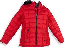 Womens Red Long Sleeve Full Zip Hooded Pocket Fur Trim Puffer Jacket Size M
