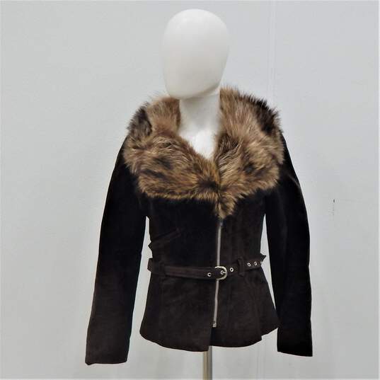 Vintage Marshall Fields & Company Brown Leather Belted Raccoon Fur Trim Women's Coat image number 1