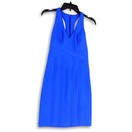 Womens Blue Sleeveless V-Neck Back Zip Casual Midi Shift Dress Size 2