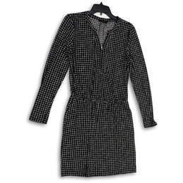 Womens Black Check Quarter Zip Cinched Waist Long Sleeve A-Line Dress Sz S