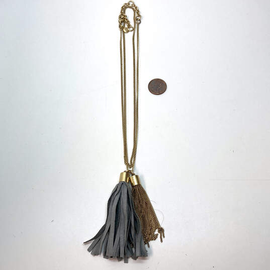 Designer J.Crew Gold-Tone Gray Leather Tassel Lobster Clasp Chain Necklace image number 1