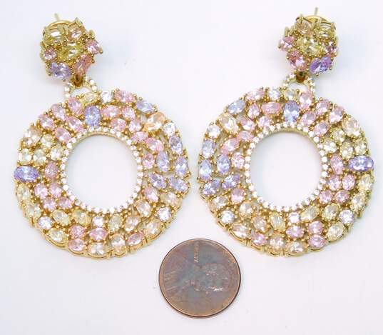 Joan Boyce Goldtone Pink Purple Yellow & Clear Cubic Zirconia Cluster Open Circle Drop Omega Clip Post Statement Earrings 33.6g image number 8