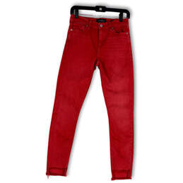 Womens Red Denim Medium Wash Raw Hem Pockets Skinny Leg Jeans Size 2/26