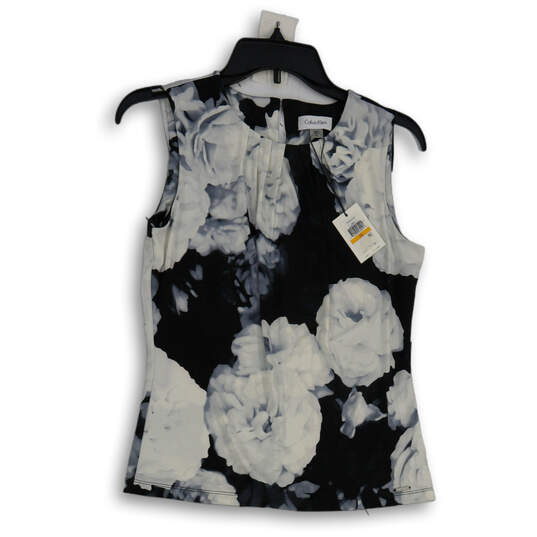 NWT Womens Black White Floral Sleeveless Back Keyhole Blouse Top Size PS image number 1