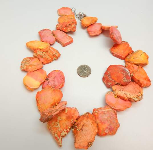 Artisan 925 Orange & Pink Dyed Jasper Graduated Slabs Beaded Statement Necklace 148.5g image number 3