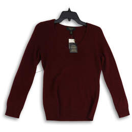 NWT Womens Maroon Knitted Long Sleeve V-Neck Pullover Sweater Size Small