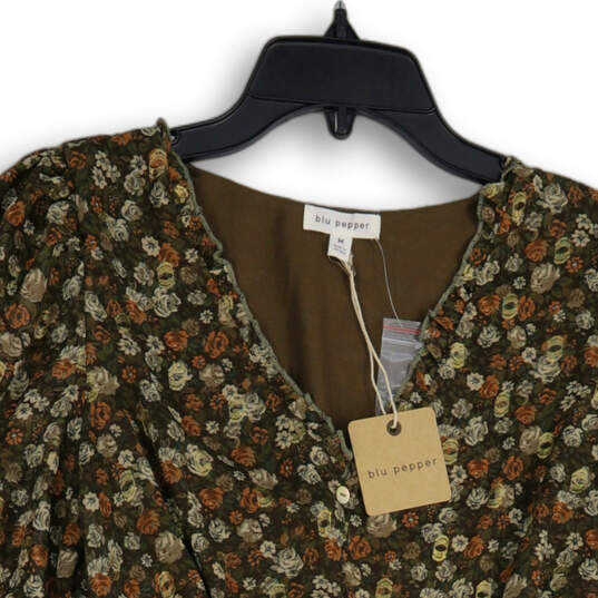 NWT Womens Brown Floral V-Neck Long Sleeve Elastic Waist Blouse Top Size M image number 3