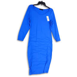 NWT Womens Blue Long Sleeve Round Neck Stretch Midi Bodycon Dress Size 0