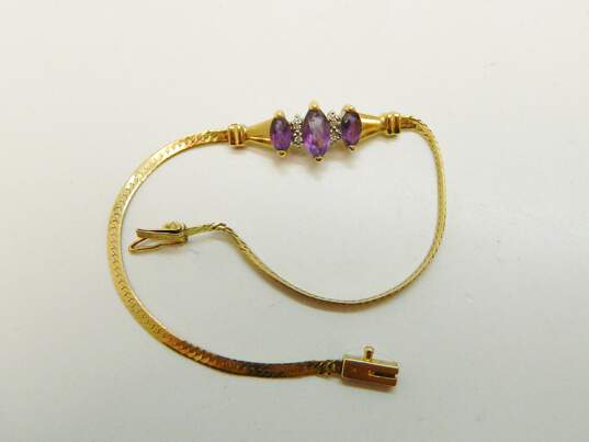 14K Yellow Gold Marquise Amethyst Diamond Accent Herringbone Chain Bracelet 3.9g image number 3