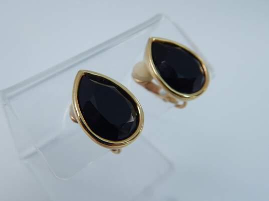 Vintage SAL Swarovski Faceted Black Glass Gold Tone Clip On Earrings 11.9g image number 2