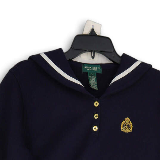 Womens Navy Long Sleeve Sailor Collar Pullover Sweater Size Large image number 3