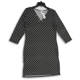 NWT Womens White Black Geometric 3/4 Sleeve Lace Up V-Neck Shift Dress Sz M