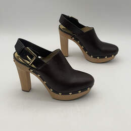 Womens Beatrice Black Leather Round Toe Platform Slingback Mule Heels Size 7.5